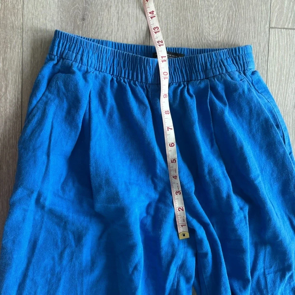 Zara Womens Royal Blue Comfort Elastic Waist Linen Blend Wide Leg Pants Size XS